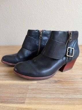 Kork-Ease Black Leather Ankle Booties with Buckle & Side Zip